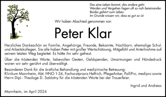 Traueranzeige von Peter Klar von Mannheimer Morgen