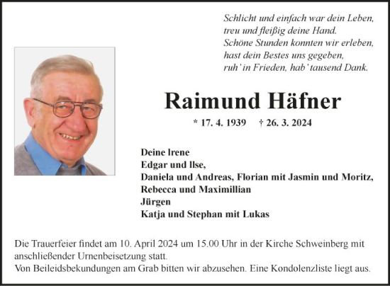 Traueranzeige von Raimund Häfner von Fränkische Nachrichten