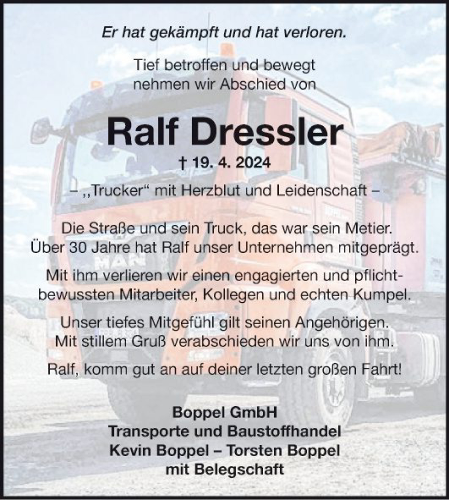  Traueranzeige für Ralf Dressler vom 24.04.2024 aus Fränkische Nachrichten