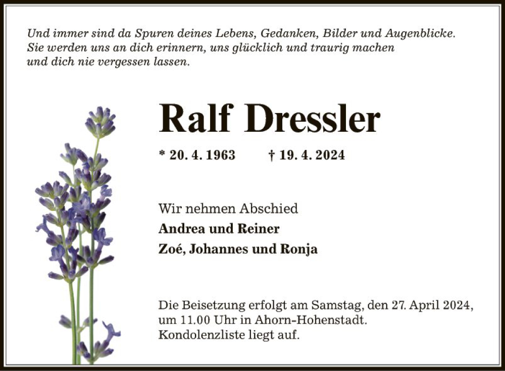  Traueranzeige für Ralf Dressler vom 24.04.2024 aus Fränkische Nachrichten