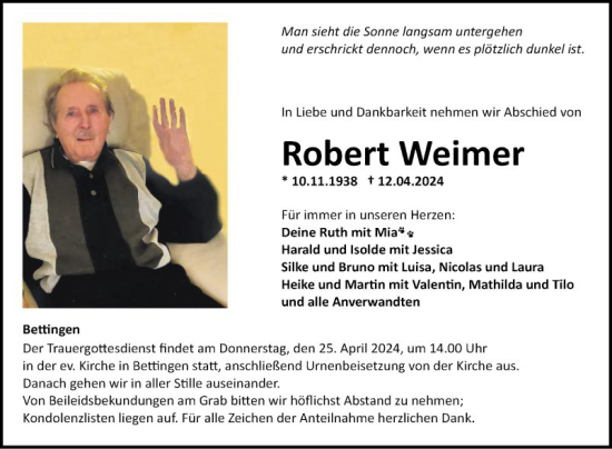 Traueranzeige von Robert Weimer von Fränkische Nachrichten