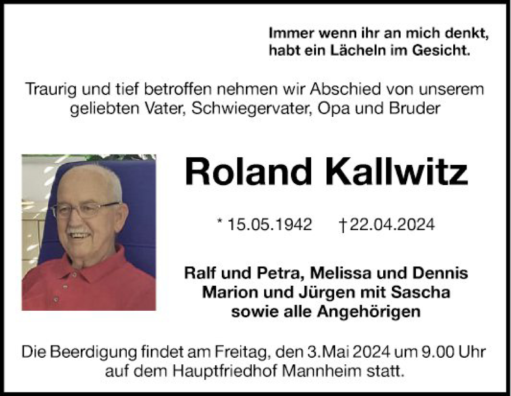  Traueranzeige für Roland Kaliwitz vom 27.04.2024 aus Mannheimer Morgen