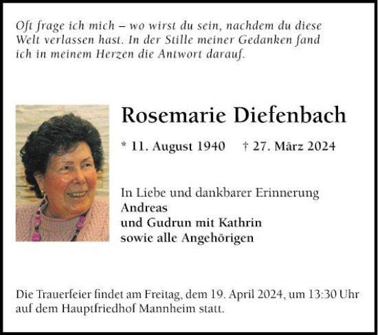Traueranzeige von Rosemarie Diefenbach von Mannheimer Morgen