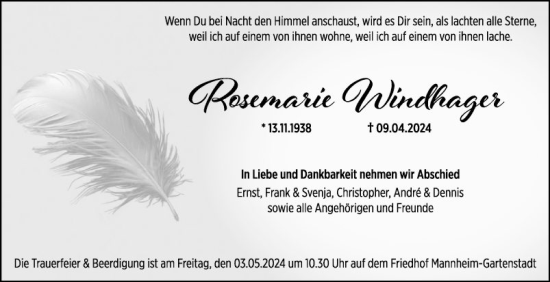 Traueranzeige von Rosemarie Windhager von Mannheimer Morgen