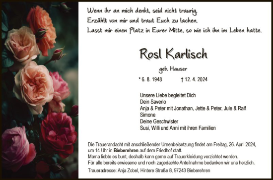 Traueranzeige von Rosl Karlisch von Fränkische Nachrichten