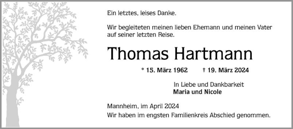  Traueranzeige für Thomas Hartmann vom 13.04.2024 aus Mannheimer Morgen