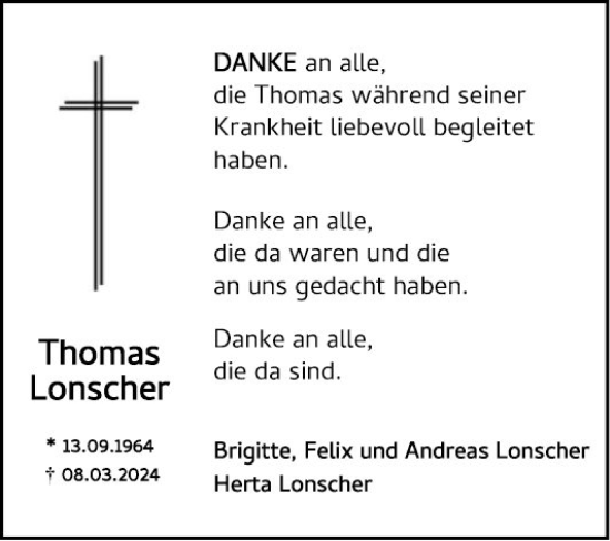 Traueranzeige von Thomas Lonscher von Fränkische Nachrichten