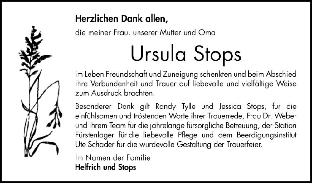  Traueranzeige für Ursula Stops vom 20.04.2024 aus Bergsträßer Anzeiger