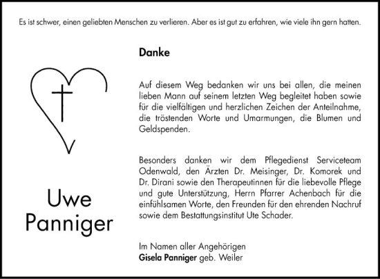 Traueranzeige von Uwe Panniger von Bergsträßer Anzeiger