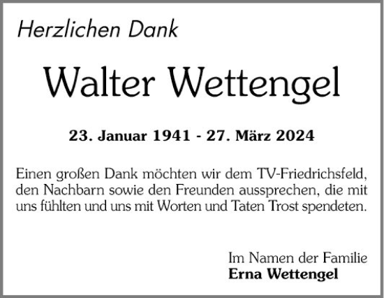 Traueranzeige von Walter Wettengel von Mannheimer Morgen