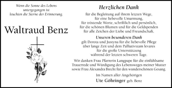 Traueranzeige von Waltraud Benz von Mannheimer Morgen
