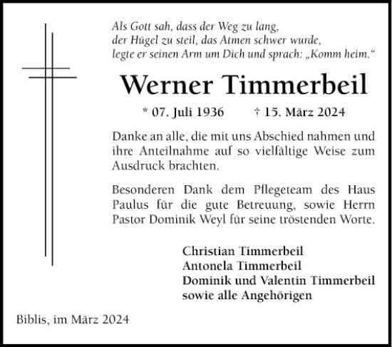 Traueranzeige von Werner Timmerbeil von Mannheimer Morgen