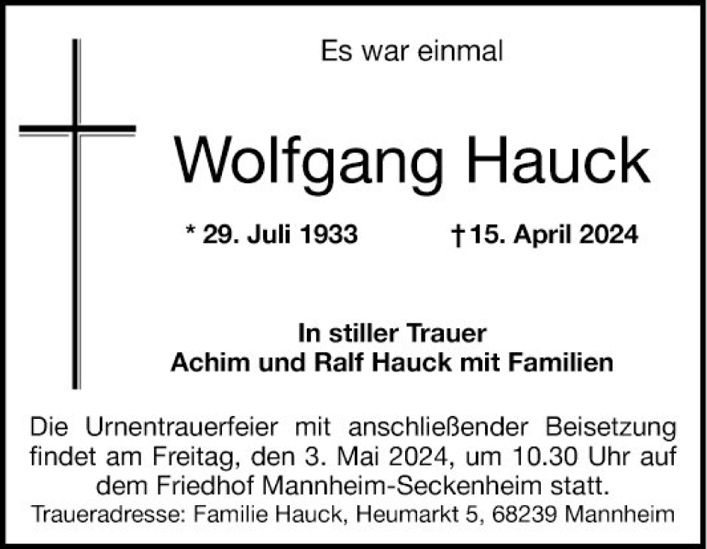  Traueranzeige für Wolfgang Hauck vom 27.04.2024 aus Mannheimer Morgen