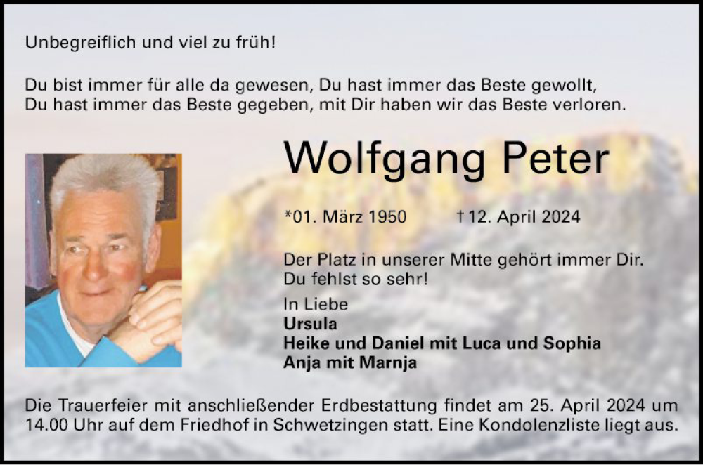  Traueranzeige für Wolfgang Peter vom 20.04.2024 aus Schwetzinger Zeitung