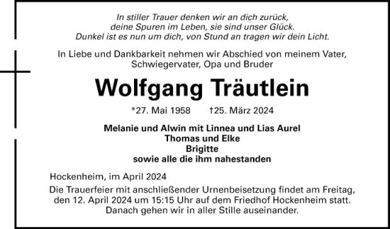 Traueranzeige von Wolfgang Träutlein von Schwetzinger Zeitung