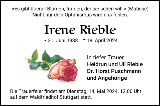 Traueranzeige von Irene Rieble von Schwetzinger Zeitung