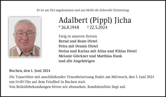 Traueranzeige von Adalbert Jicha von Fränkische Nachrichten