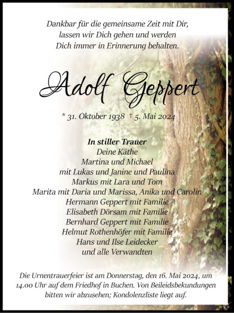  Traueranzeige für Adolf Geppert vom 11.05.2024 aus Fränkische Nachrichten