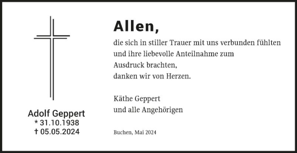  Traueranzeige für Adolf Geppert vom 28.05.2024 aus Fränkische Nachrichten