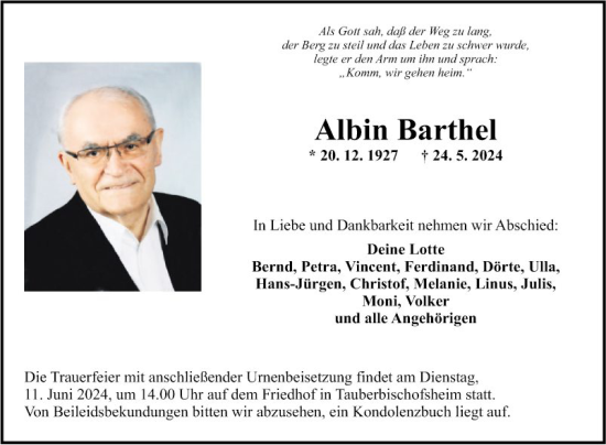 Traueranzeige von Albin Barthel von Fränkische Nachrichten
