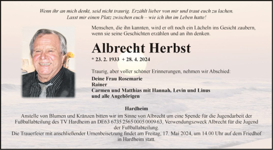 Traueranzeige von Albrecht Herbst von Fränkische Nachrichten