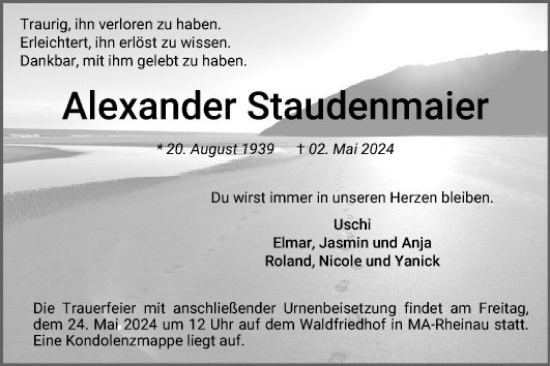 Traueranzeige von Alexander Staudenmaier von Mannheimer Morgen