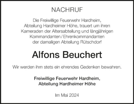 Traueranzeige von Alfons Beuchert von Fränkische Nachrichten