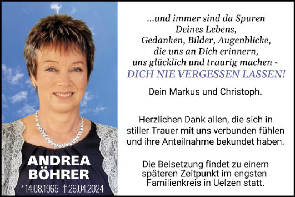  Traueranzeige für Andrea Böhrer vom 18.05.2024 aus Fränkische Nachrichten
