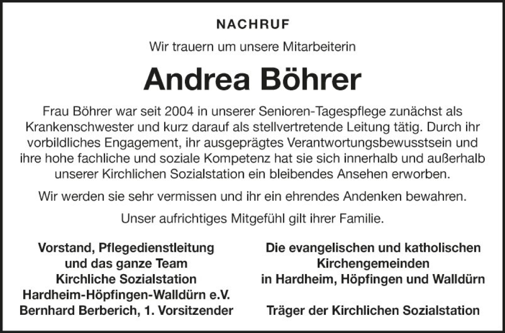  Traueranzeige für Andrea Böhrer vom 25.05.2024 aus Fränkische Nachrichten