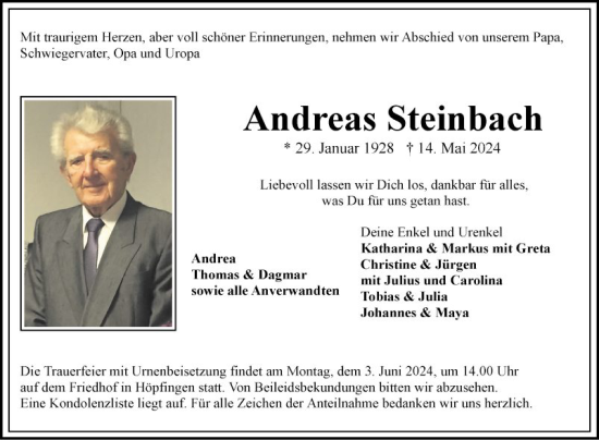 Traueranzeige von Andreas Steinbach von Fränkische Nachrichten