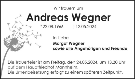 Traueranzeige von Andreas Wegner von Mannheimer Morgen