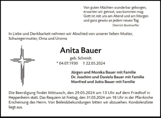 Traueranzeige von Anita Bauer von Bergsträßer Anzeiger