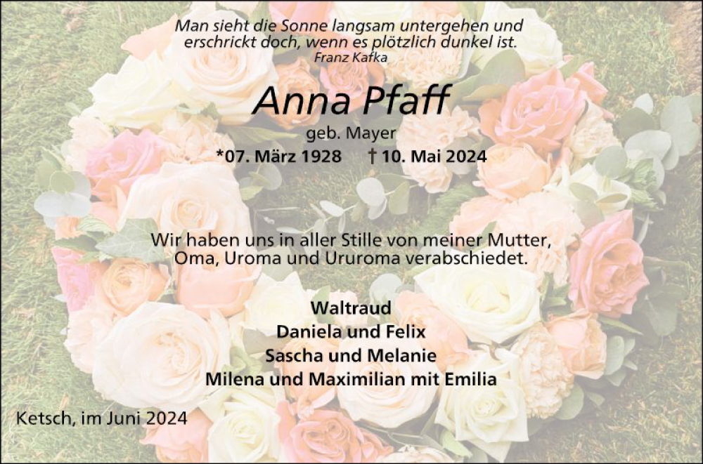  Traueranzeige für Anna Pfaff vom 01.06.2024 aus Schwetzinger Zeitung