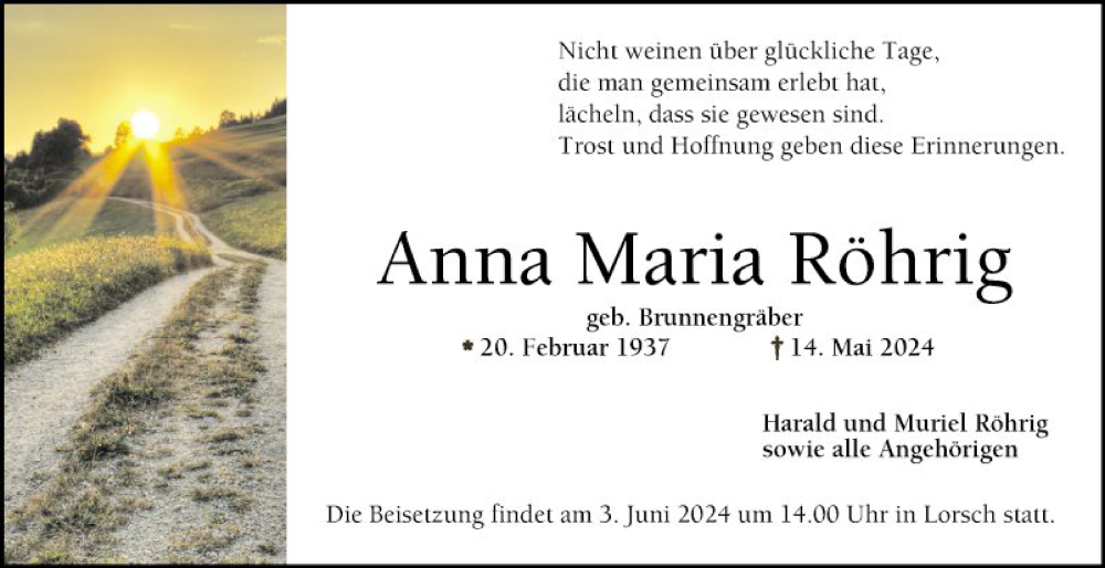  Traueranzeige für Anna Maria Röhrig vom 25.05.2024 aus Bergsträßer Anzeiger
