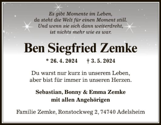 Traueranzeige von Ben Siegfried Zemke von Fränkische Nachrichten