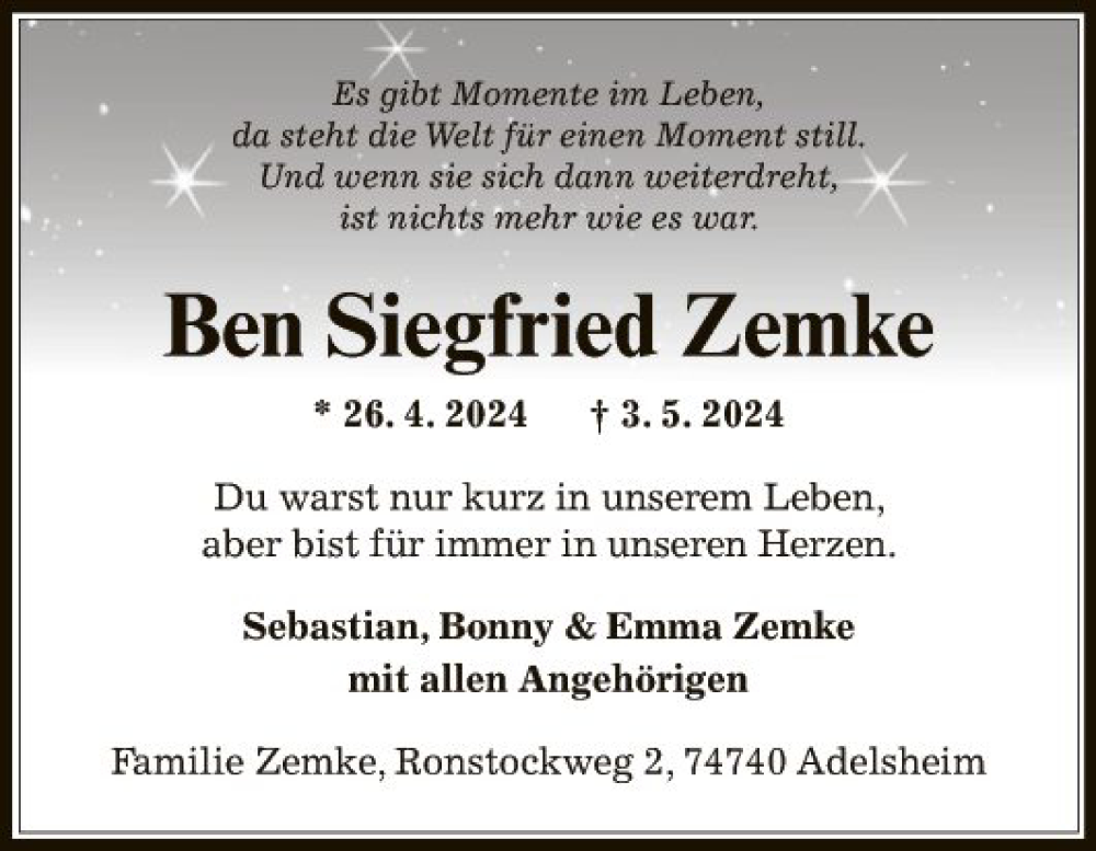  Traueranzeige für Ben Siegfried Zemke vom 18.05.2024 aus Fränkische Nachrichten