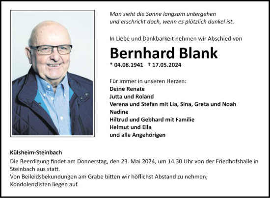 Traueranzeige von Bernhard Blank von Fränkische Nachrichten