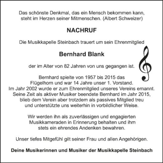 Traueranzeige von Bernhard Blank von Fränkische Nachrichten