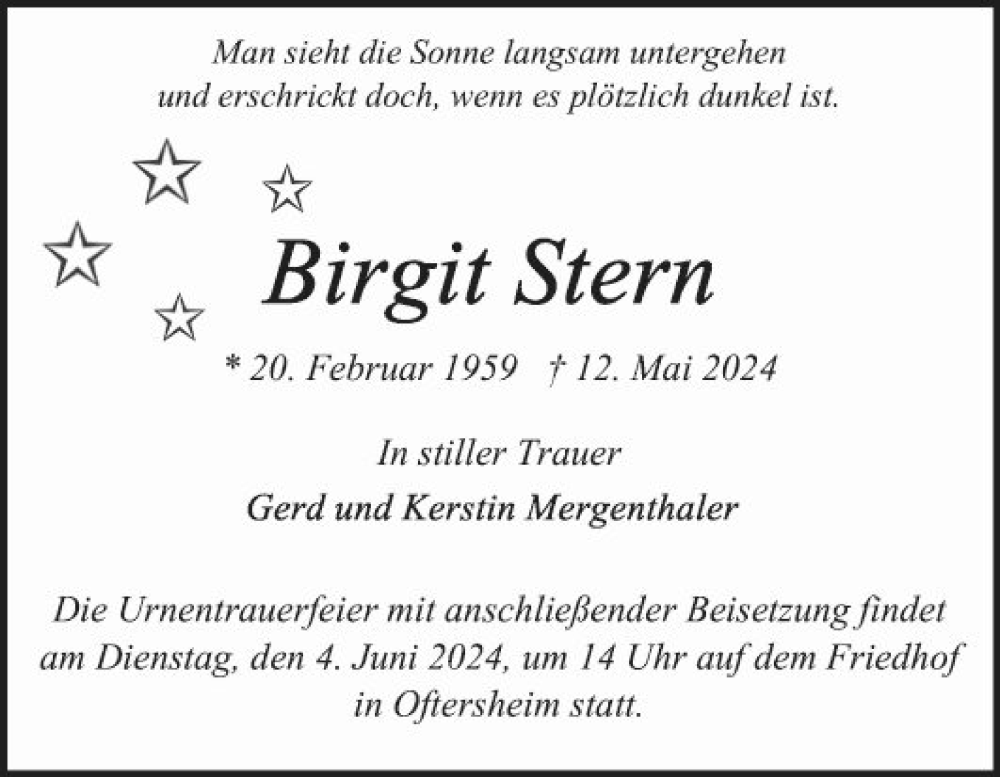  Traueranzeige für Birgit Stern vom 29.05.2024 aus Schwetzinger Zeitung