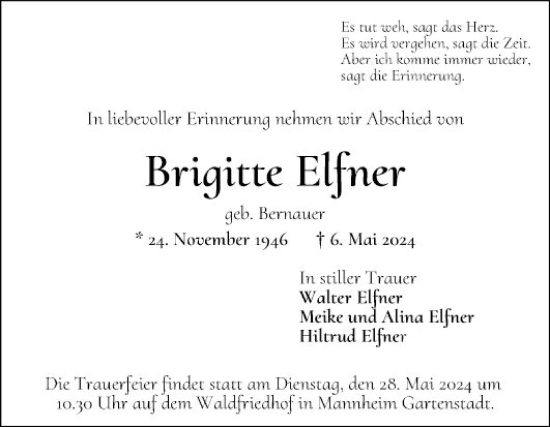 Traueranzeige von Brigitte Elfner von Mannheimer Morgen