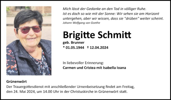 Traueranzeige von Brigitte Schmitt von Fränkische Nachrichten