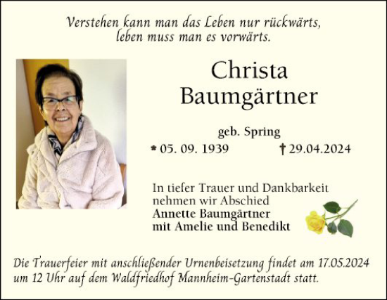 Traueranzeige von Christa Baumgärtner von Mannheimer Morgen