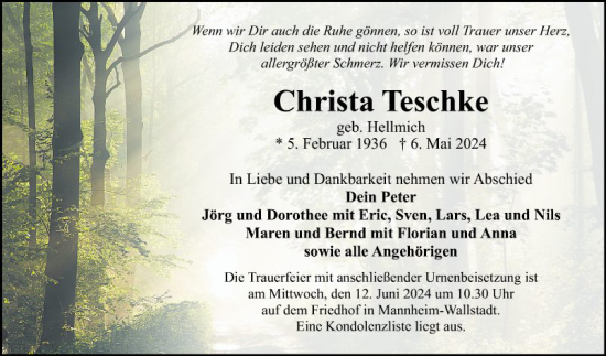 Traueranzeige von Christa Teschke von Mannheimer Morgen