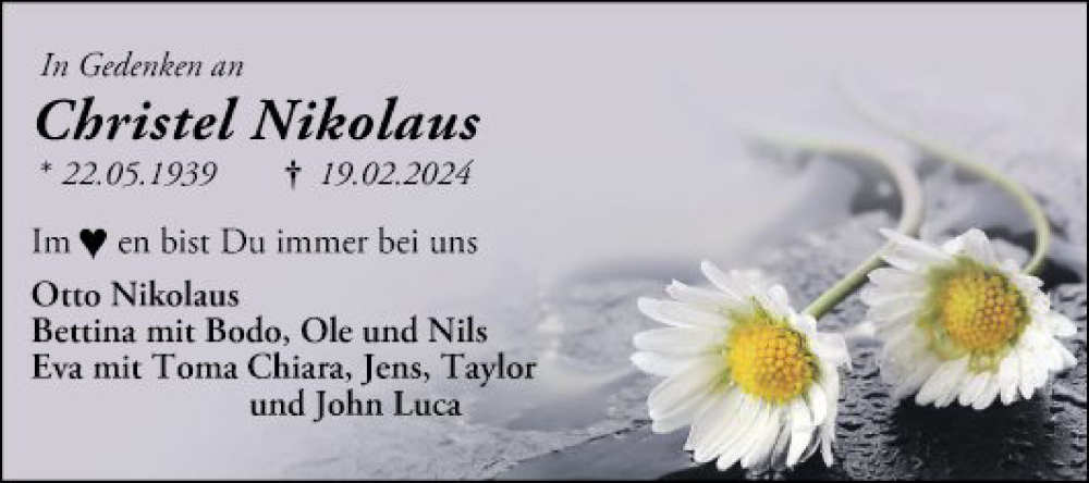  Traueranzeige für Christel Nikolaus vom 22.05.2024 aus Mannheimer Morgen