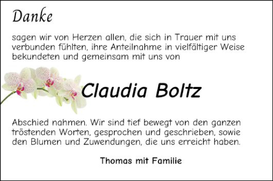 Traueranzeige von Claudia Boltz von Mannheimer Morgen