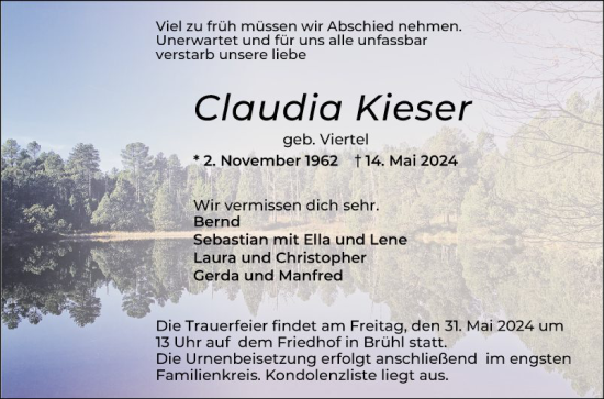 Traueranzeige von Claudia Kieser von Schwetzinger Zeitung