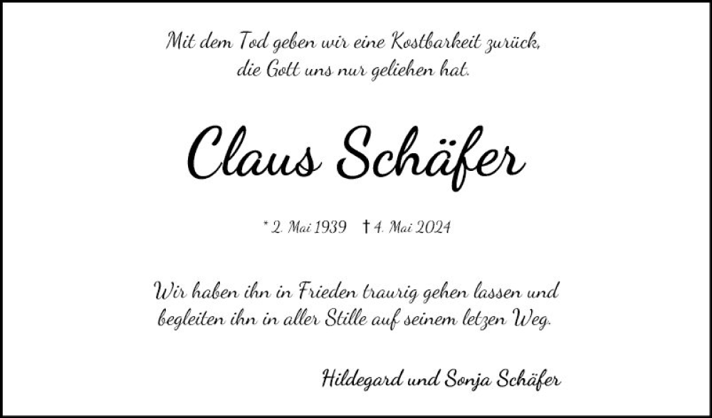  Traueranzeige für Claus Schäfer vom 11.05.2024 aus Mannheimer Morgen
