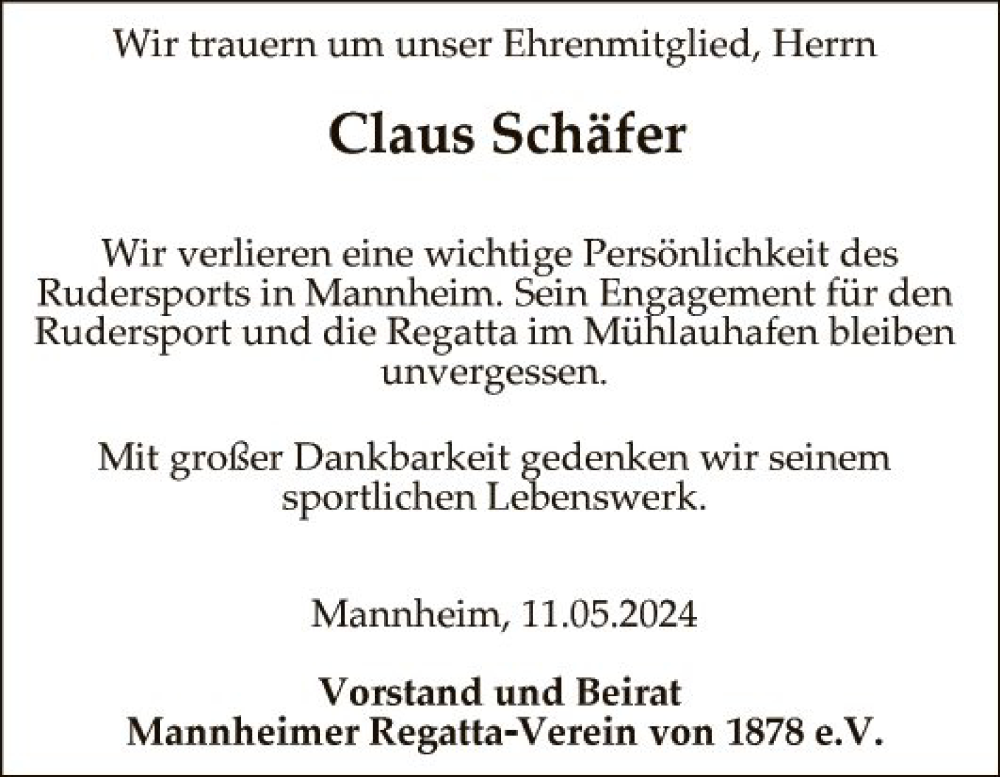  Traueranzeige für Claus Schäfer vom 11.05.2024 aus Mannheimer Morgen