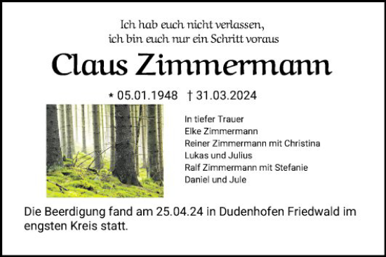 Traueranzeige von Claus Zimmermann von Schwetzinger Zeitung
