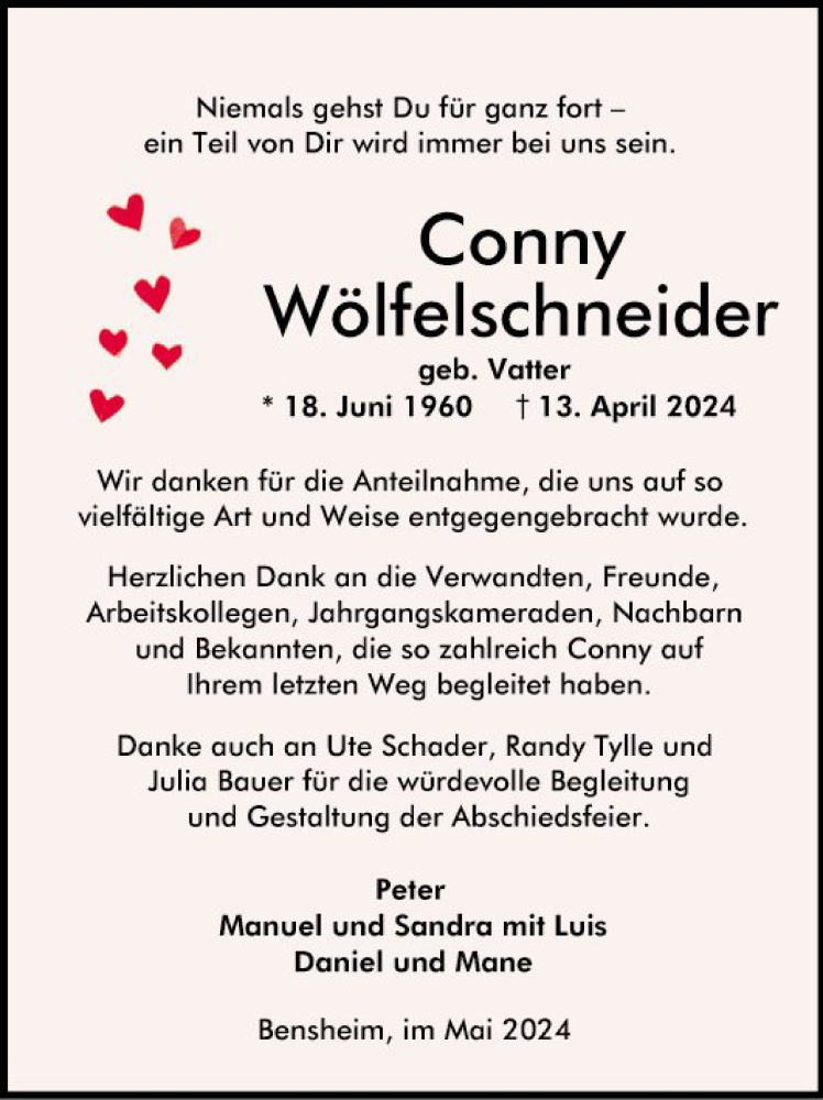  Traueranzeige für Conny Wölfeschneider vom 11.05.2024 aus Bergsträßer Anzeiger